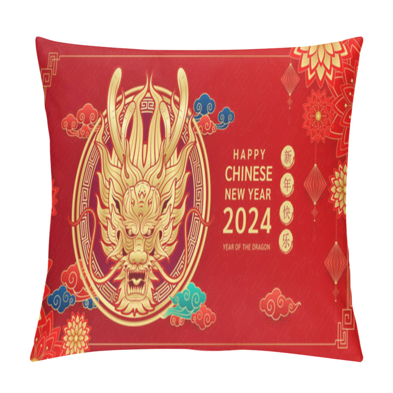 Personality  Happy Chinese New Year 2024. Chinese Dragon Gold Zodiac Sign On Red Background For Card Design. China Lunar Calendar Animal. (Translation : Happy New Year 2024) Vector EPS10. Pillow Covers