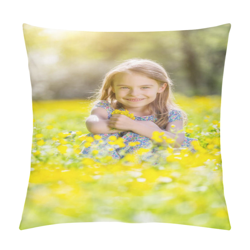 Personality  Happy Little Girl On Blooming Meadow Pillow Covers