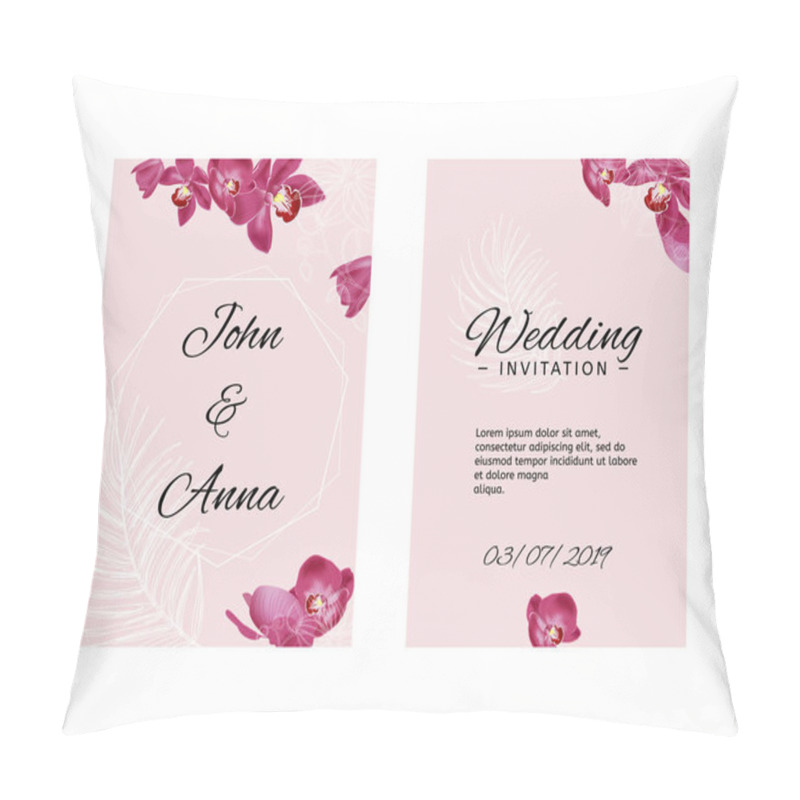 Personality  Wedding Invitation Template With Orchids And White Sketch Elements. Vector Pink Illustration. Pillow Covers