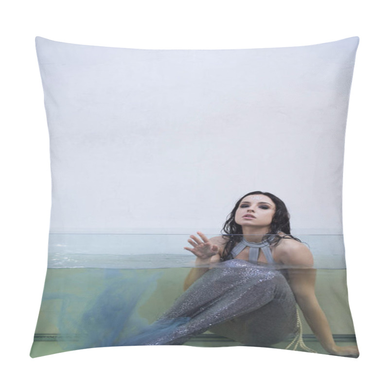 Personality  A Young Woman With Long, Dark Hair Poses As A Mermaid In A Glass Tank Filled With Water. Pillow Covers