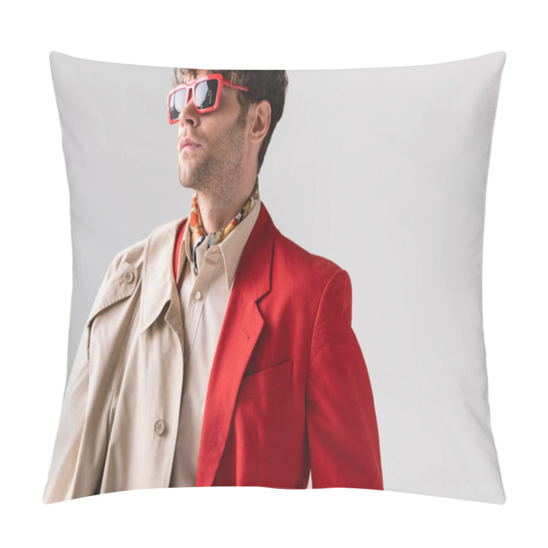 Personality  Fashionable, Confident Man In Sunglasses Looking Away Isolated On Grey Pillow Covers