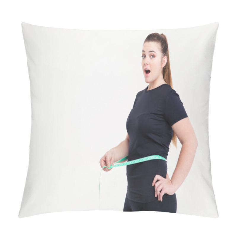 Personality  Fat Woman Measuring Her Waist And Looking At Camera Pillow Covers