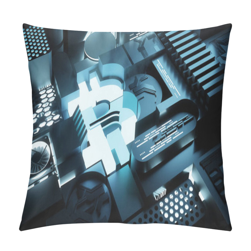 Personality  Cryptocurrency Hardware And Bitcoin Mining Technology Background. 3D Illustration Pillow Covers