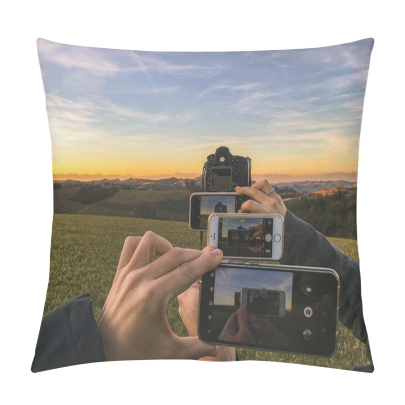 Personality  Photographing Landscape At Sunset With Smartphones And Reflex Cameras Pillow Covers