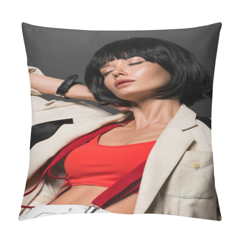 Personality  Relaxing Young Woman In Stylish Clothes Isolated On Grey Pillow Covers