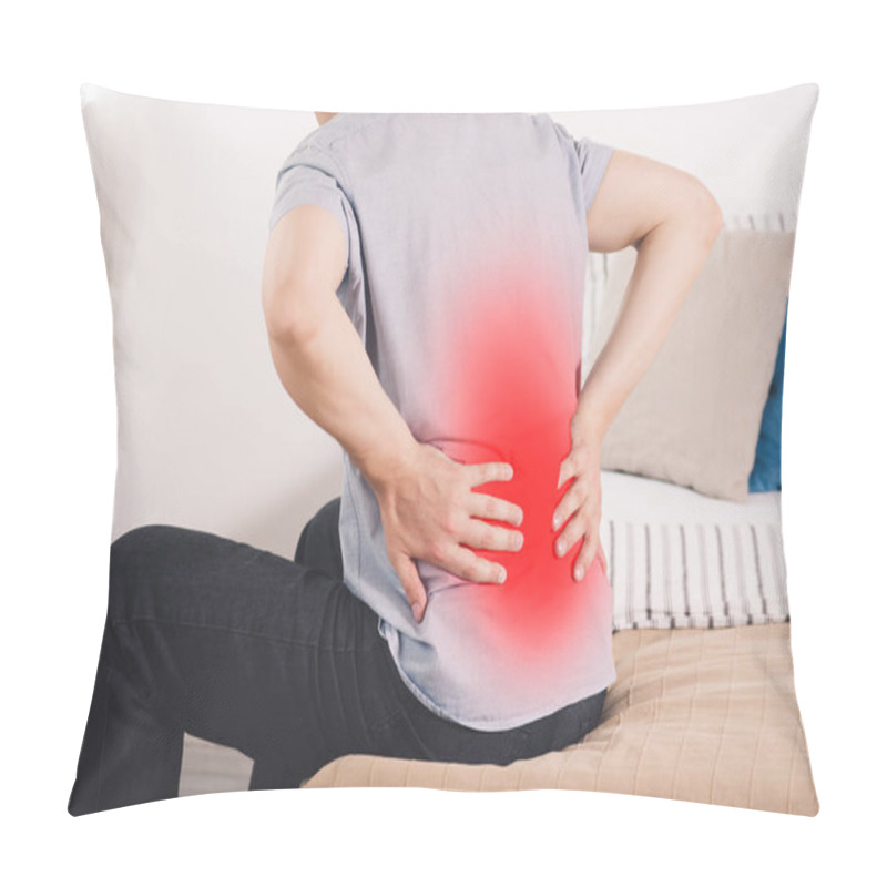 Personality  Back Pain, Kidney Inflammation, Man Suffering From Backache At Home, Painful Area Highlighted In Red Pillow Covers