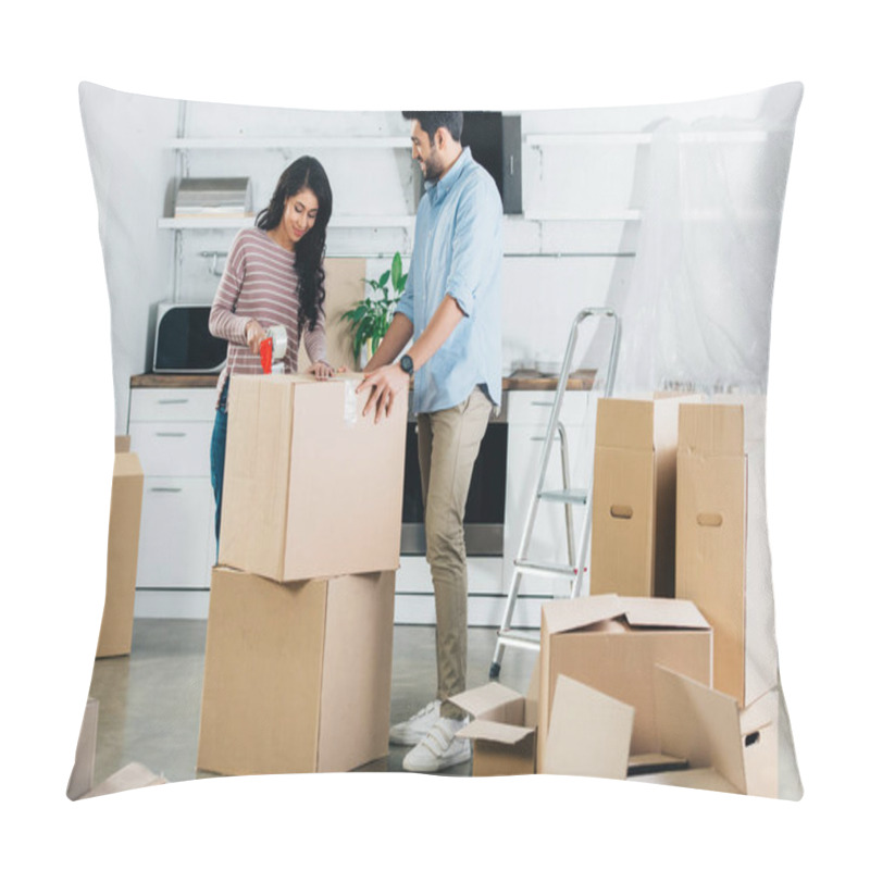 Personality  Cheerful Latin Couple Packing Boxes While Moving To New Home Pillow Covers