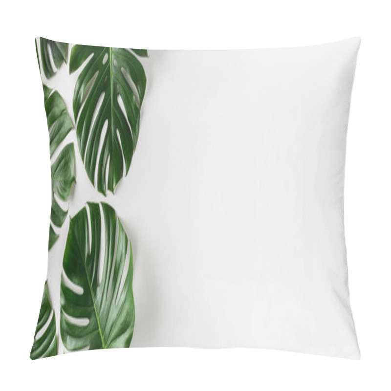 Personality  Creative Monstera Leaves On Abstract White Background Isolated. Horisontal Copy Space. Tropical Summer Concept. Pillow Covers