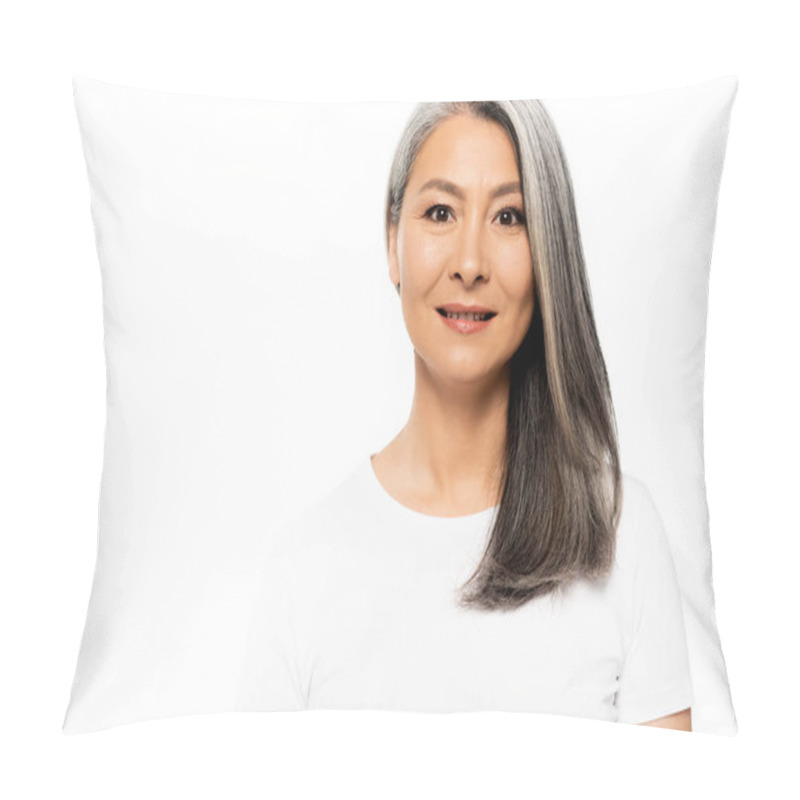 Personality  Happy Asian Woman Looking At Camera And Smiling Isolated On White  Pillow Covers