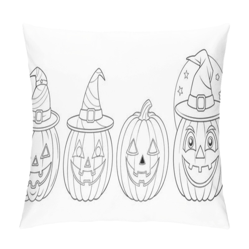 Personality  Four Unique Pumpkin Designs Wearing Witch Hats, Ideal For Use In Halloween Party Invitations, Posters, And Social Media Graphics Pillow Covers