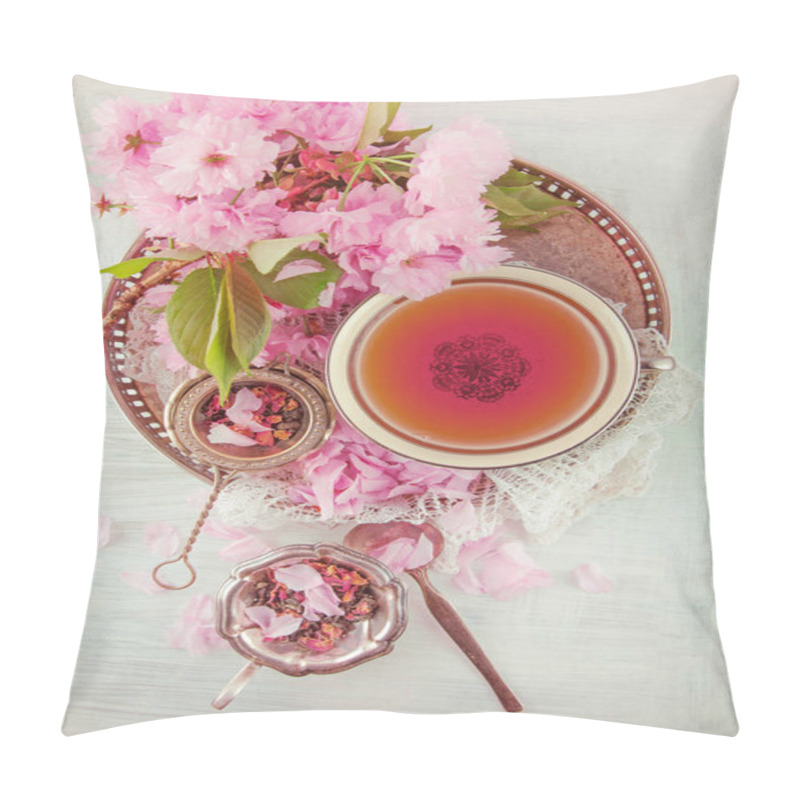 Personality  Vintage, Antique Cup Of Fruit Tea Decorated With Cherry Flowers On White Background In A Shabby Chic Look Pillow Covers