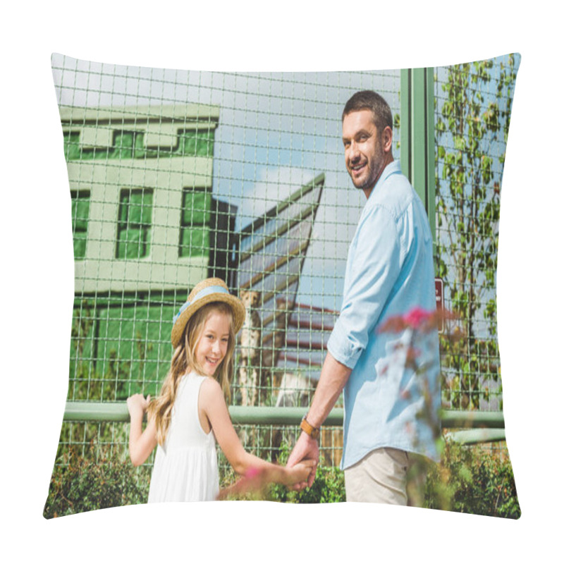 Personality  Cheerful Father And Kid Holding Hands And Looking At Camera Near Cage With Leopard In Zoo  Pillow Covers