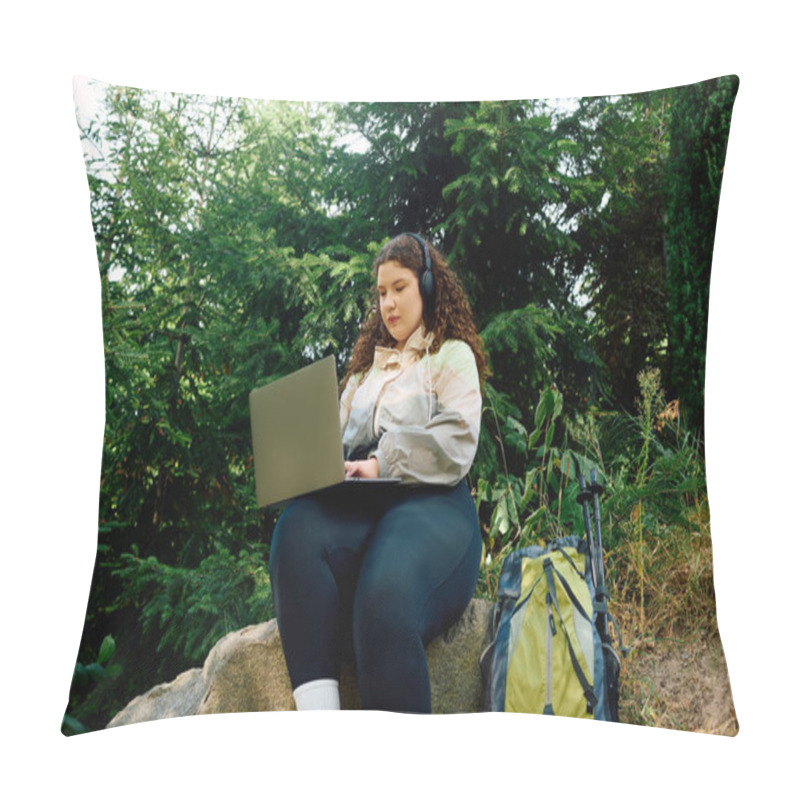 Personality  A Plus Size Woman Works On Her Laptop In A Lush Forest, Surrounded By Nature. Pillow Covers