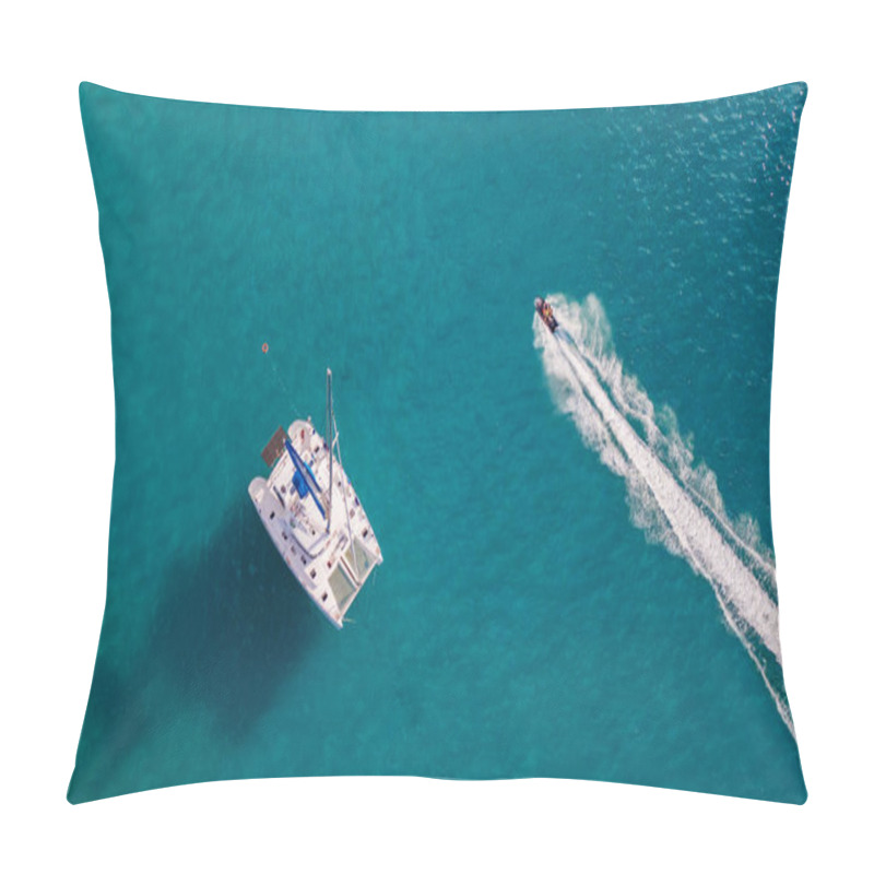 Personality  Directly Above View Of White Sailboat And Jet-ski In Turquoise Ocean. Pillow Covers