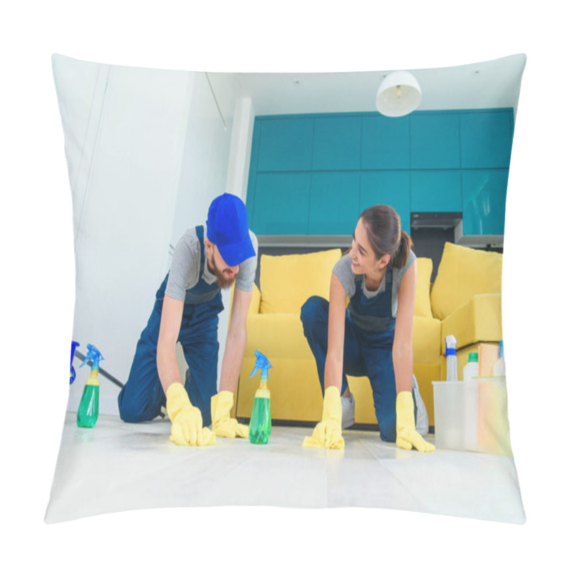 Personality  Smiling Girl And Handsome Bearded Man In Workwears Washing The Parquet With The Cleaning Items And Wipping With Rags Pillow Covers