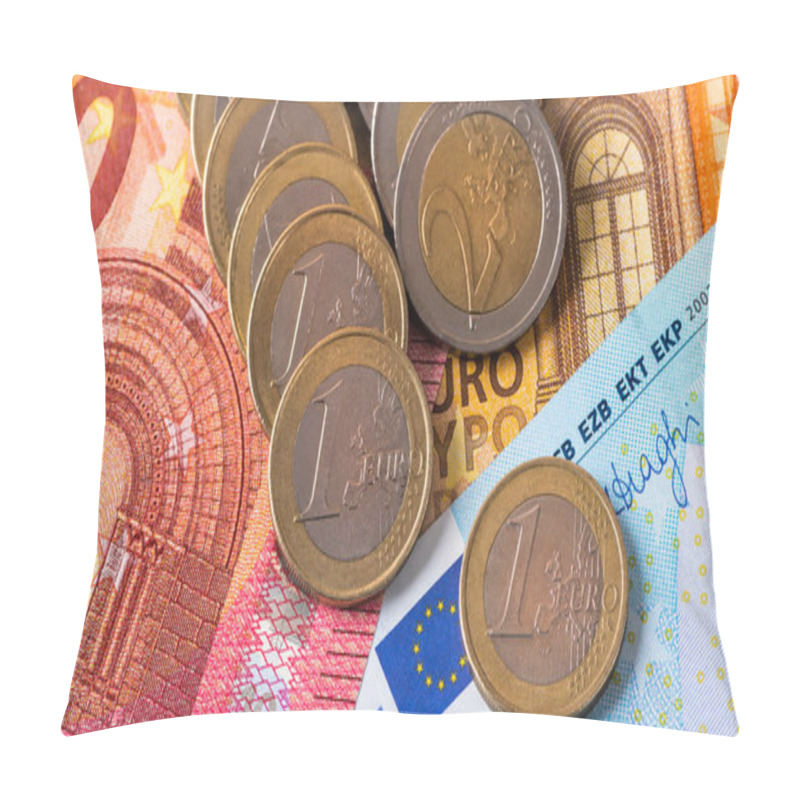 Personality  Coins In Denominations Of 1 And 2 Euros Against The Background Of Euro Banknotes Of Various Denominations Pillow Covers