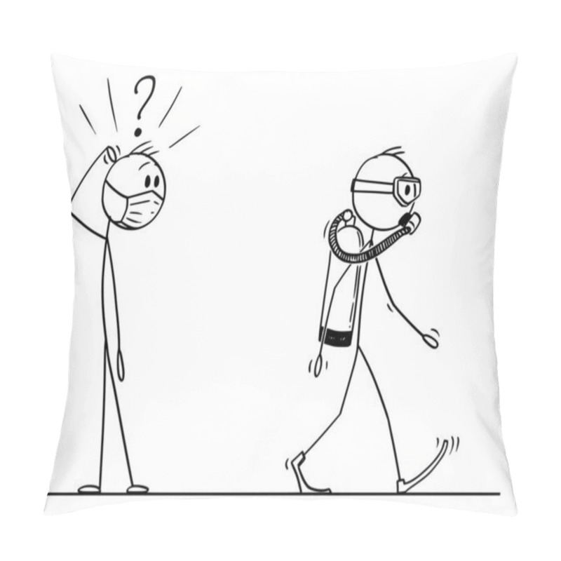 Personality  Vector Cartoon Illustration Of Shocked Man In Face Mask Looking At Another Man Wearing Scuba Diver Mask And Equipment As Protective Suit Against Coronavirus Covid-19 Pillow Covers