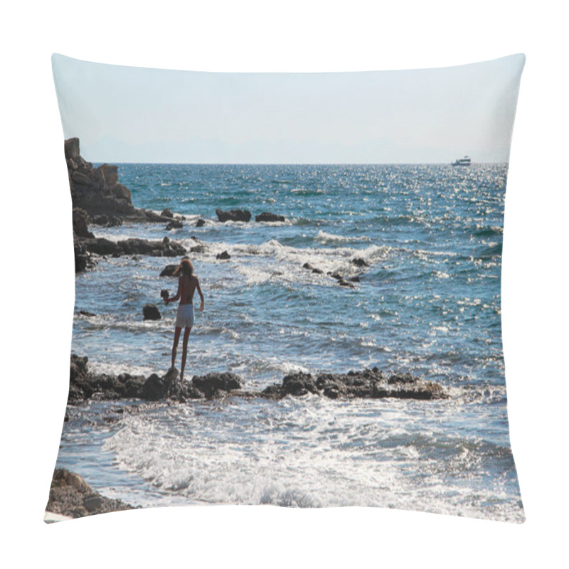 Personality  Woman Alone At The Rocky Beach Looking Over The Horizon With  Wavy Sea On A Wind Day In Mediterranean Pillow Covers