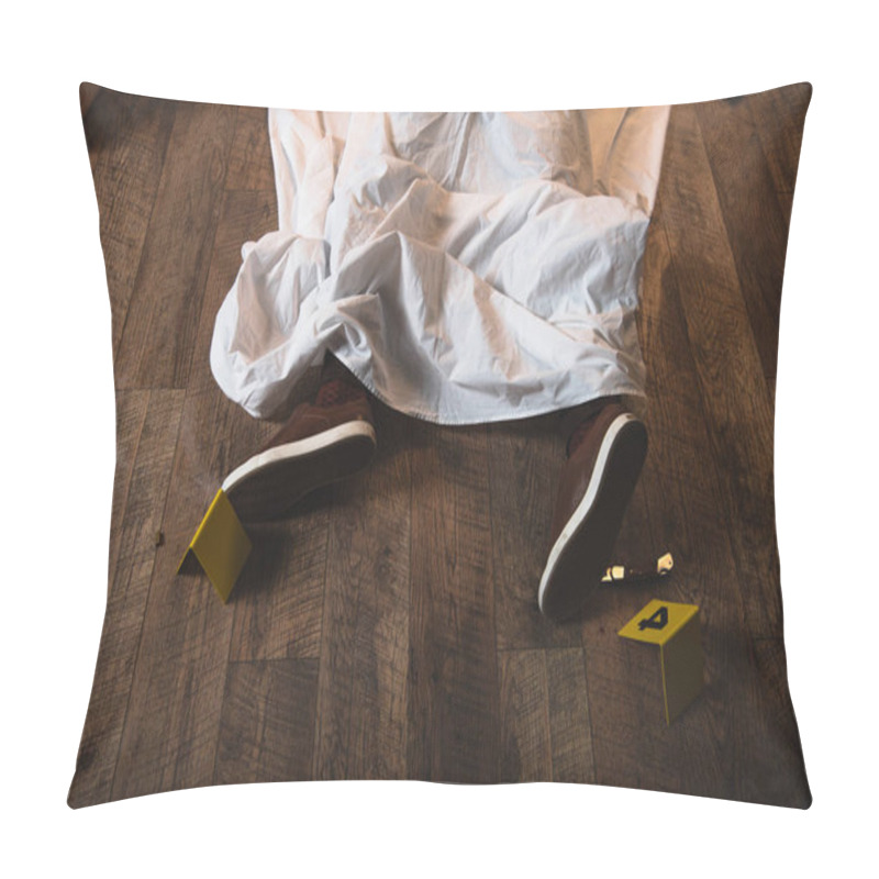 Personality  Cropped Legs Of Dead Dead Body Covered With White Sheet At Crime Scene Pillow Covers