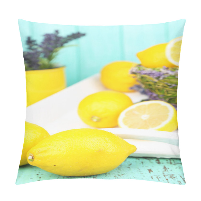 Personality  Still Life With Fresh Lemons And Lavender On Blue Background Pillow Covers