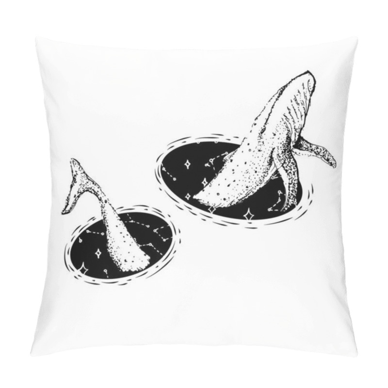 Personality  Blue Whale And Planets In Solar System. Astronomical Galaxy Space. Explore Adventure. Engraved Hand Drawn In Old Sketch.  Pillow Covers