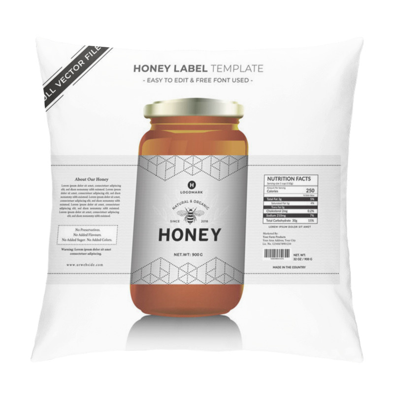 Personality  Honey Label Sticker Banner Design With Honey Design Natural Bee Honey Glass Jar Bottle Sticker Creative Product Packaging Idea, White Minimal Background Healthy Organic Food Product Black Label. Pillow Covers