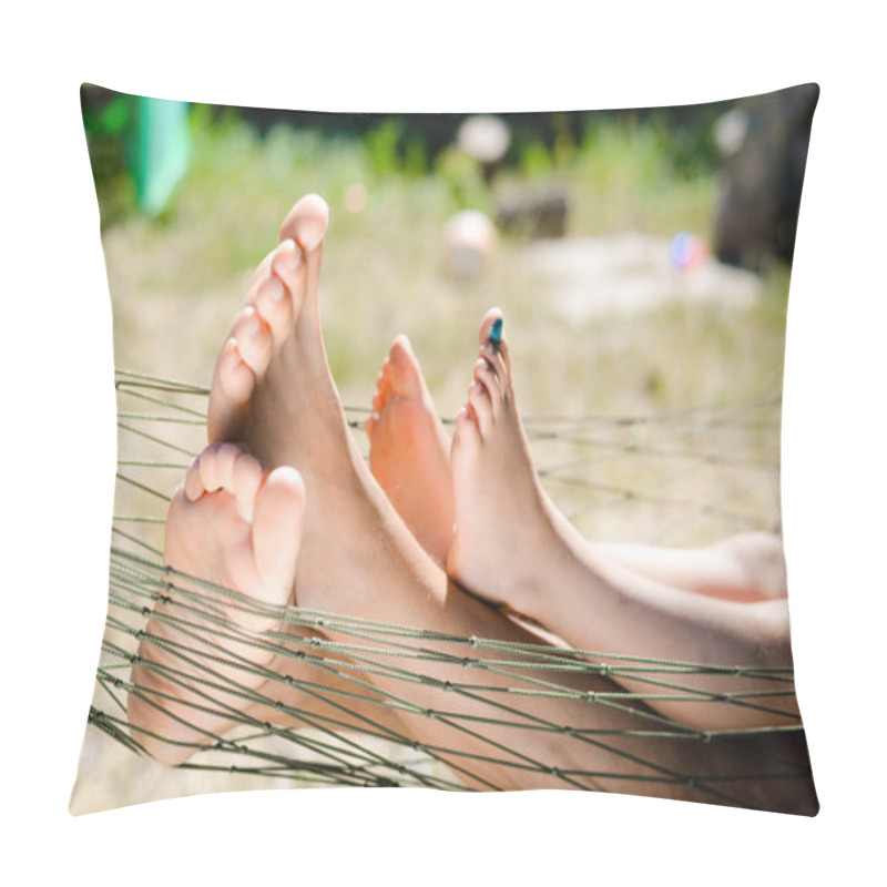 Personality  Closeup Of Happy Father And Child Lying Barefoot On Hammock Pillow Covers