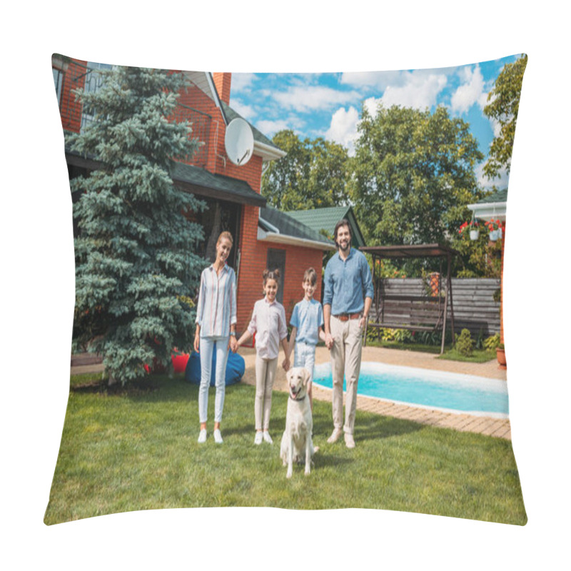 Personality  Happy Family With Labrador Dog Looking At Camera While Holding Hands On Backyard Of Country House On Summer Day Pillow Covers