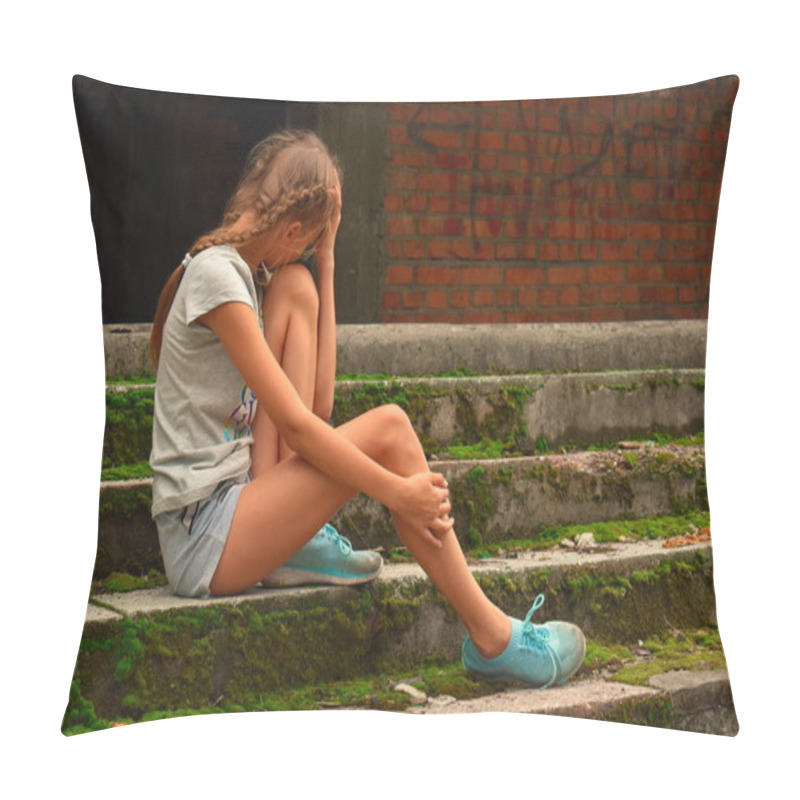 Personality  Offended Upset Girl  Teenager Sits On Old Concrete Ladder Outside.  Teenager One Cries. Problem Of The Relations Of Parents And Children. Pillow Covers