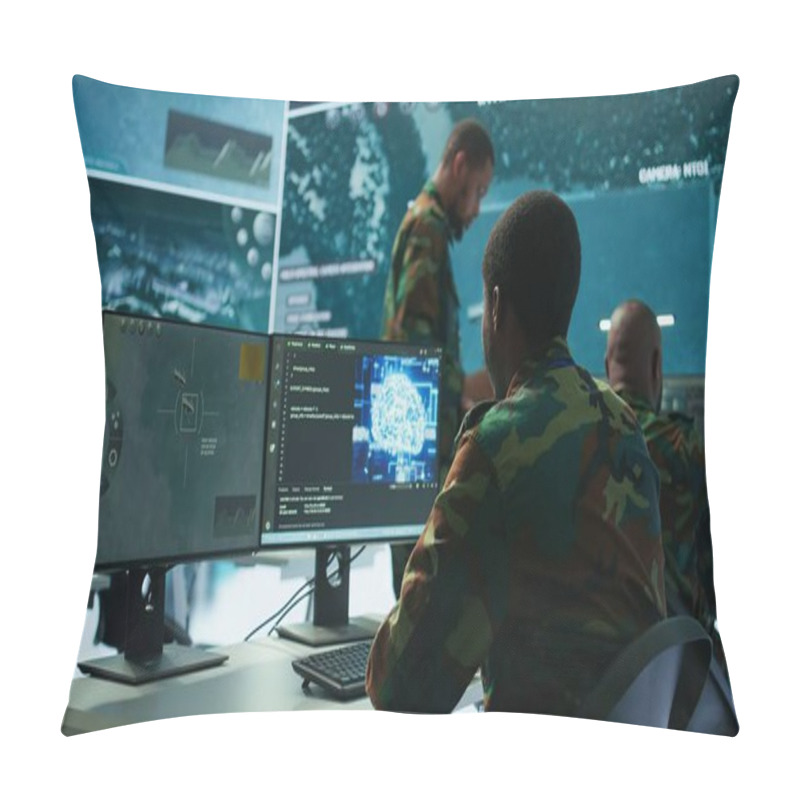 Personality  Programming Engineer Soldier Handles AI Brain And Deep Learning Data On Computer In Command Post, Coordinates National Defense Operations. Neural Network Artificial Intelligence Science. Camera B. Pillow Covers