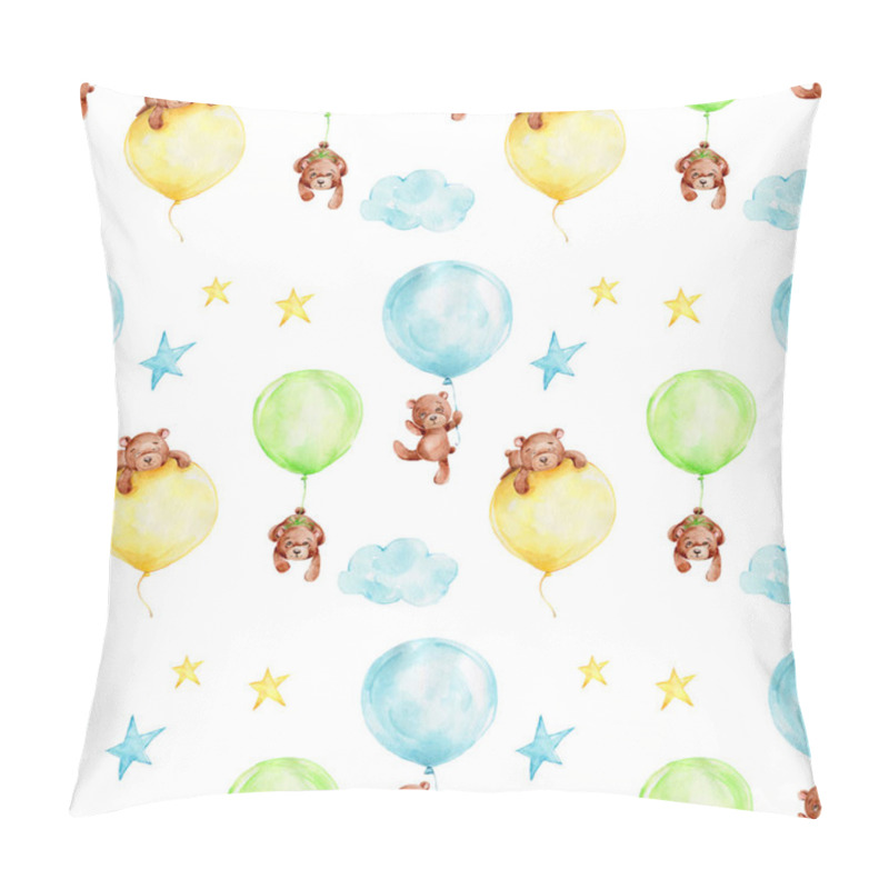 Personality  Seamless Pattern With Cartoon Teddy Bear With Blue, Green And Yellow Balloons, Cloud And Stars; Watercolor Hand Draw Illustration; With White Isolated Background  Pillow Covers