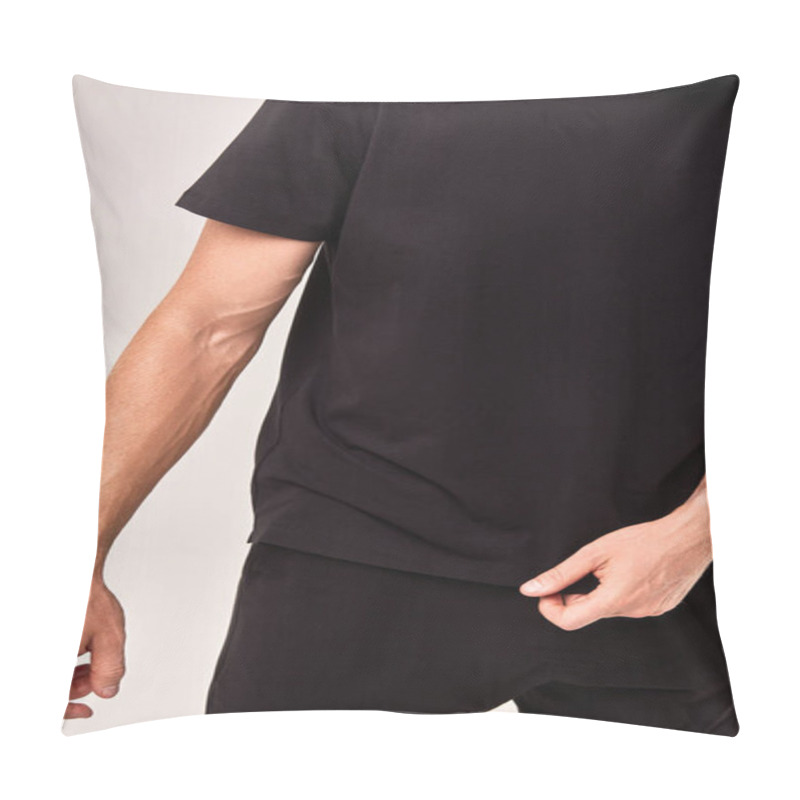 Personality  Person Wearing A Casual Black T-shirt, Highlighting Simple Modern Clothing Style, Everyday Fashion Concept Pillow Covers