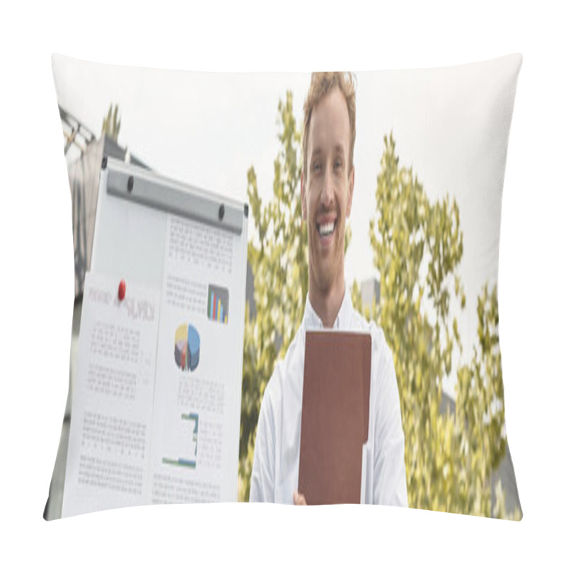 Personality  A Redhead Professional Enthusiastically Discusses Project Concepts In A Contemporary Office Environment. Pillow Covers