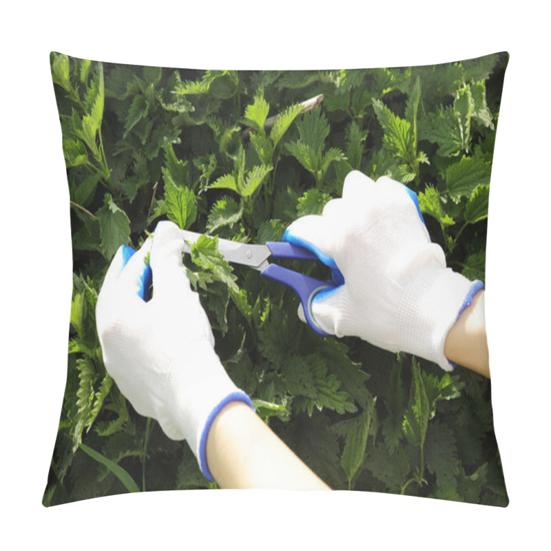 Personality  Hands In Textile Gloves Picking  Green Leaves In The Vegetable Garden In Spring. Organic Agriculture. Green Nettle Leafs Closeup With Copy Space. Pillow Covers