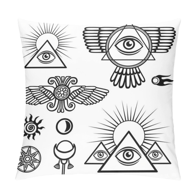 Personality  Set Of Esoteric Symbols: Wings, Pyramid, Eye, Moon, Sun, Comet, Star. The Isolated Black Contour On A White Background. Pillow Covers