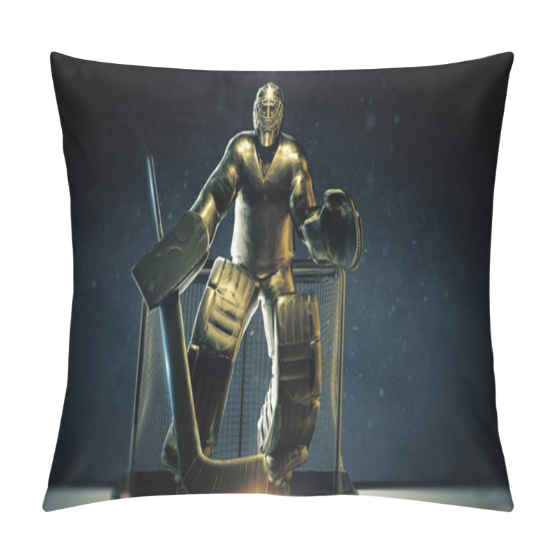 Personality  Shining Bronze Metal Statue Of Ice Hockey Goalie In Front Gates With Dramatic Light And Dust Particles In The Air. Hockey Legend, Competition, Winner Concept Background 3d Render. Pillow Covers