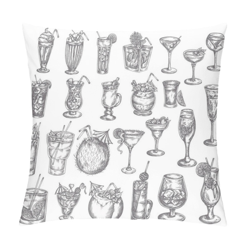 Personality  Hand Drawn Cocktail Big Set Sketch Of Alcoholic Drinks In Glasses Cocktails Icon In Vintage Style. Elemnets For Menu, Bar, Restaurant. Engraved Style Pillow Covers