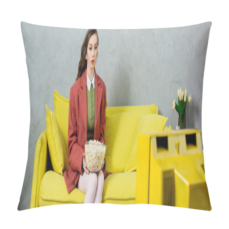 Personality  Woman Acting Like A Doll, Concept Photography, Attractive Girl With Brunette Wavy Hair Sitting With Bowl Of Popcorn, Watching Tv, Home Entertainment, Sitting On Comfortable Yellow Sofa, Banner  Pillow Covers