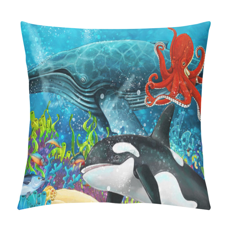 Personality  Cartoon Scene With Whale And Killer Whale And Octopus Near Coral Reef - Illustration For Children Pillow Covers