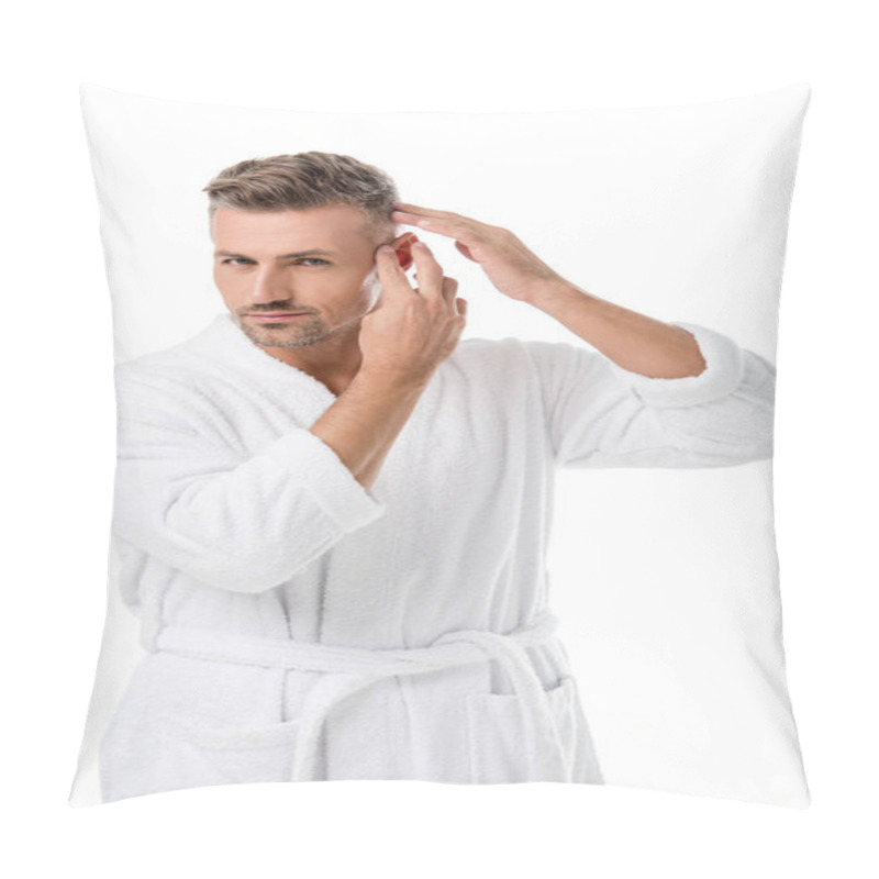 Personality  Adult Man In Bathrobe Checking Himself For Hair Loss Isolated On White Pillow Covers