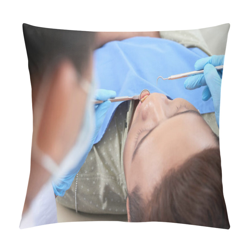 Personality  Close-up Image Of Dentist Examining Teeth With Dental Explorer And Mouth Mirror Pillow Covers