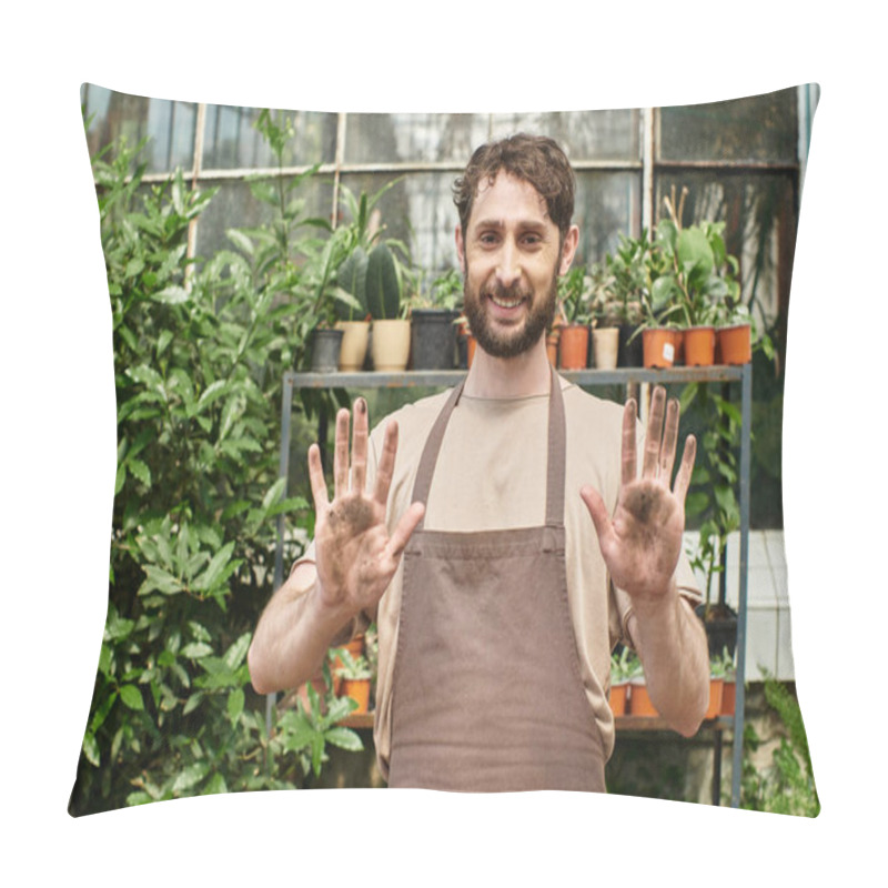 Personality  Happy Bearded Gardener In Apron Showing His Dirty Hands After Working With Plants And Soil Pillow Covers