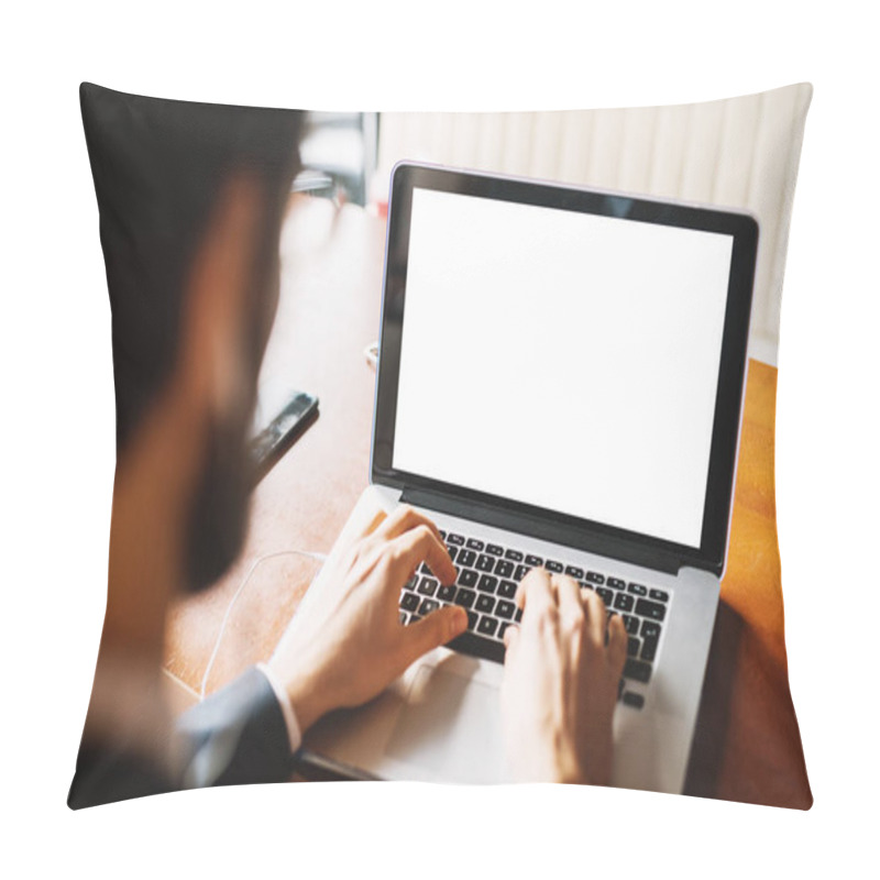 Personality  Successful Handsome Young Bearded Businessman In Suit Working With Laptop At Cafe And Listening To Music Via Earphones  Pillow Covers