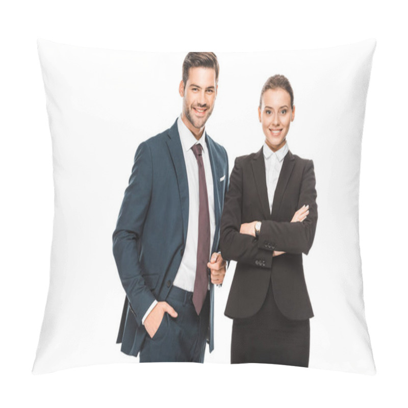 Personality  Successful Young Business Partners In Stylish Suits Looking At Camera Isolated On White Pillow Covers