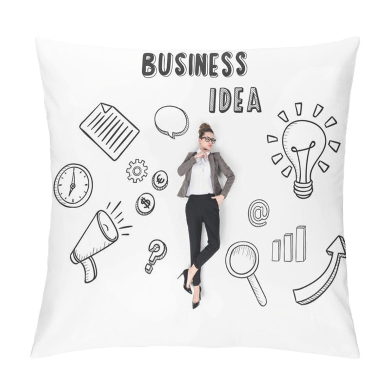 Personality  Creative Collage Of Stylish Young Businesswoman With Various Business Icons And Business Idea Sign Pillow Covers