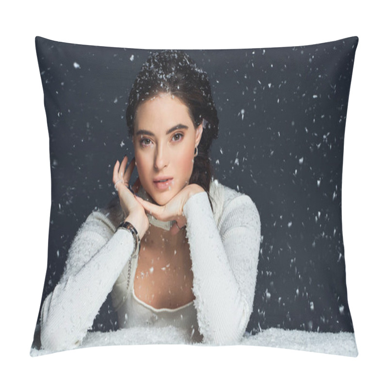 Personality  A Graceful Woman Gazes Thoughtfully As Snow Delicately Falls Around Her In Winter Bliss. Pillow Covers