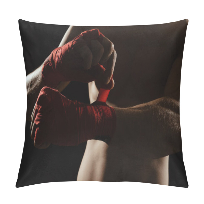 Personality  Close-up Of The Hands Of A Young Boxer Who Winds Red Bandages Before A Match, Fight Or Training. Pillow Covers