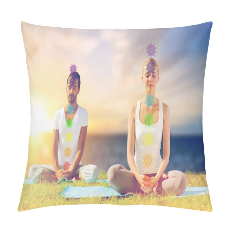 Personality  Couple Doing Yoga In Lotus Pose With Seven Chakras Pillow Covers