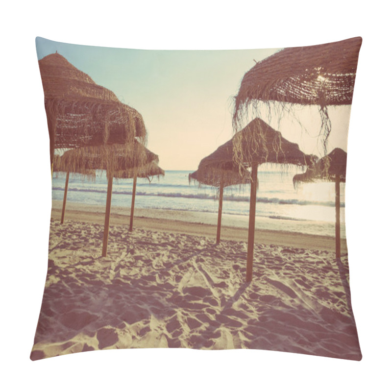 Personality  Wooden Umbrellas In Empty Beach At Sunset Pillow Covers