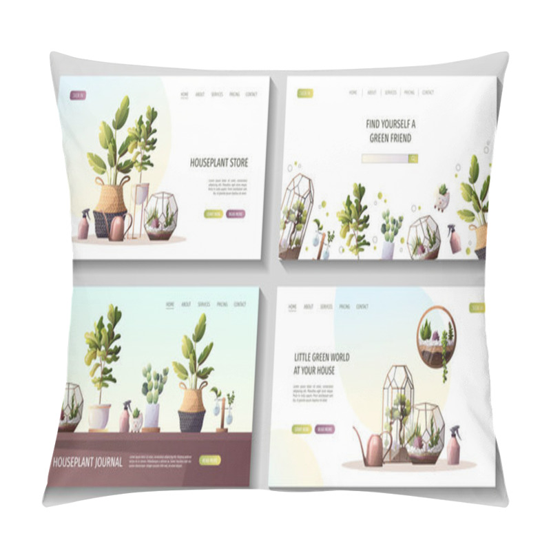 Personality  Set Of Web Pages With Collection Of Houseplants. Florarium, Home Garden, Greenhouse, Gardening, Potted Plant Concept. Vector Illustration For Poster, Banner, Website. Pillow Covers